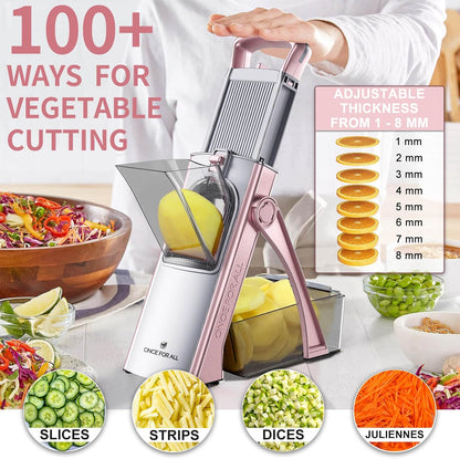 ONCE FOR ALL Safe Mandoline Slicer Plus, Bigger Size, Potato Slicer, Black | 0.1-8mm Adjustable Vegetable Food Chopper, Kitchen Mandoline Slicer Stainless Steel, Detachable Blade, Dishwasher-safe, Gift