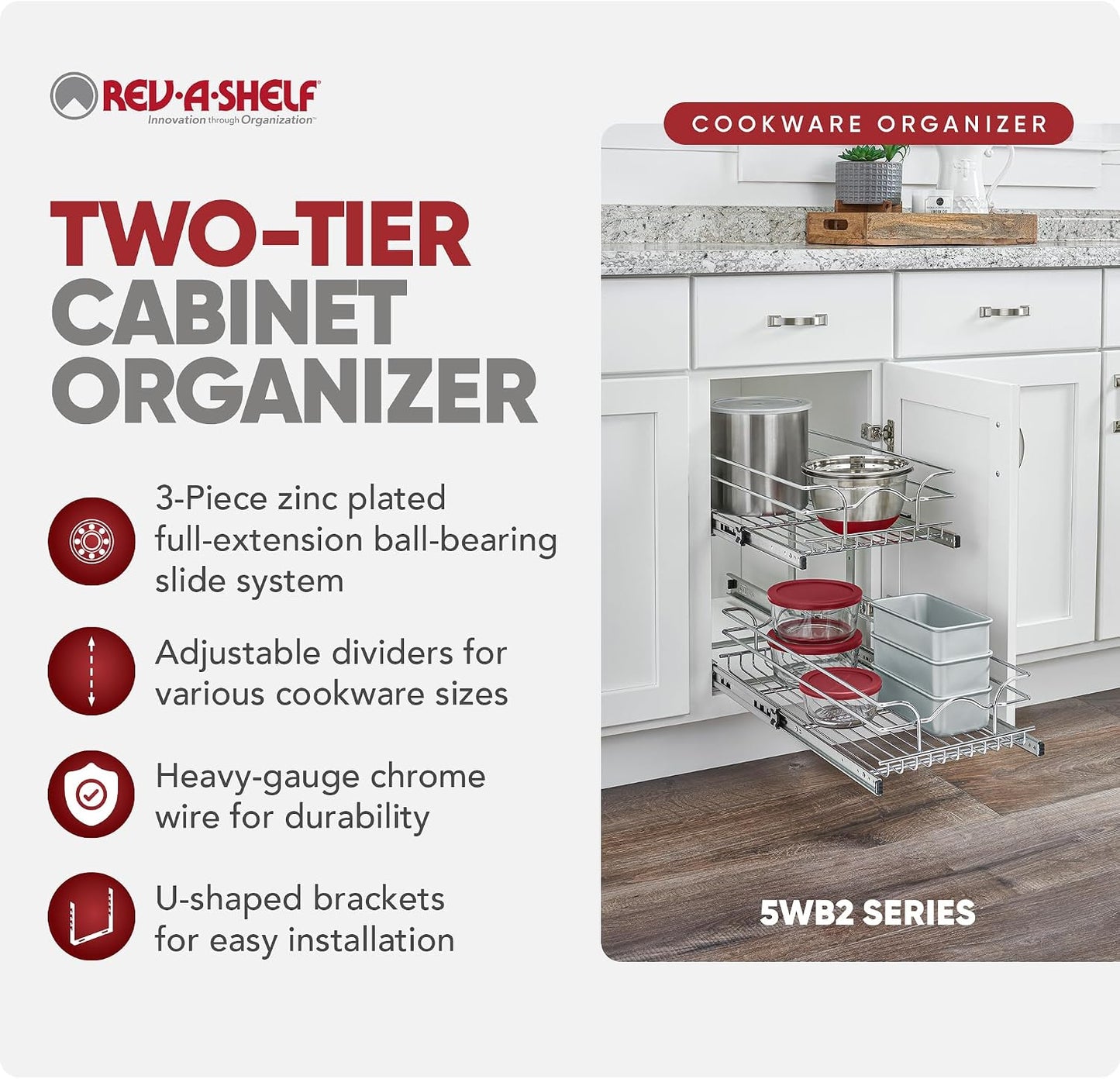 Rev-A-Shelf Pullout Organizer for Cabinets, Min Opening Width of 18" | STwo-Tier Steel Shelf for Kitchen or Vanity Cabinet Organization, Heavy Gauge Wire Slide Out Storage Basket, 5WB2-1822CR-1