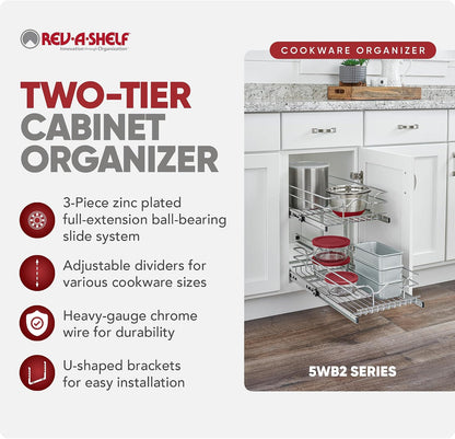 Rev-A-Shelf Pullout Organizer for Cabinets, Min Opening Width of 18" | STwo-Tier Steel Shelf for Kitchen or Vanity Cabinet Organization, Heavy Gauge Wire Slide Out Storage Basket, 5WB2-1822CR-1