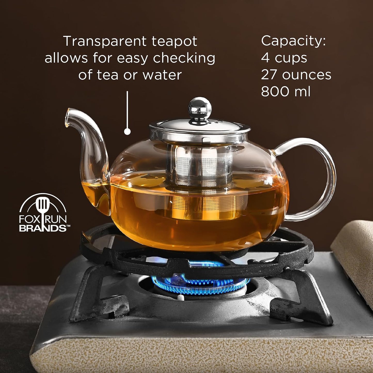 Fox Run Glass Teapot and Infuser, 4 Cup Tea Pot with Smooth Pouring Spout | Easily Brew, Steep & Pour Loose Leaf Tea | 27 Oz Glass Tea Pot With Stainless Steel Infuser Insert | Clear Teapot With Spout