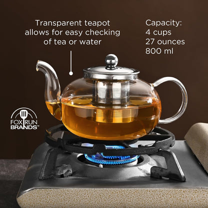 Fox Run Glass Teapot and Infuser, 4 Cup Tea Pot with Smooth Pouring Spout | Easily Brew, Steep & Pour Loose Leaf Tea | 27 Oz Glass Tea Pot With Stainless Steel Infuser Insert | Clear Teapot With Spout