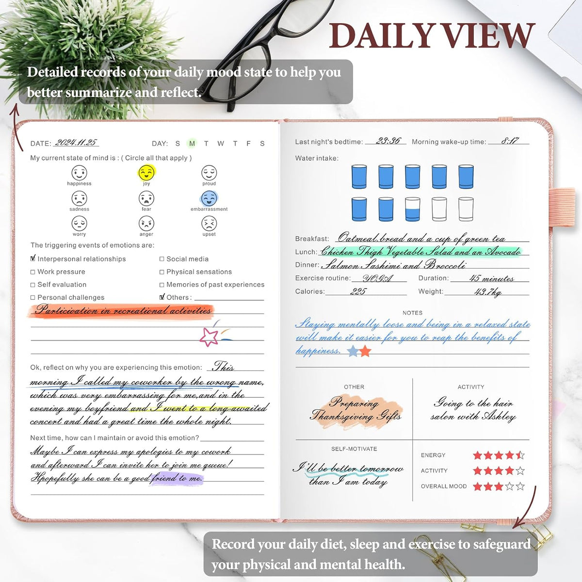 JUBTIC Mood Tracker Journal, 100-Day Mental Health Journal, Rose Gold