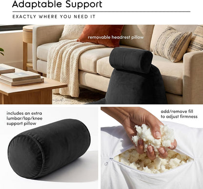 Nestl Reading Pillow with Shredded Memory Foam, Designed for Sitting Up in Bed and Couch, Back and Arms Adjustable Support for Adult & Teens Backrest Pillows for Reading, with Washable Cover Dark Grey