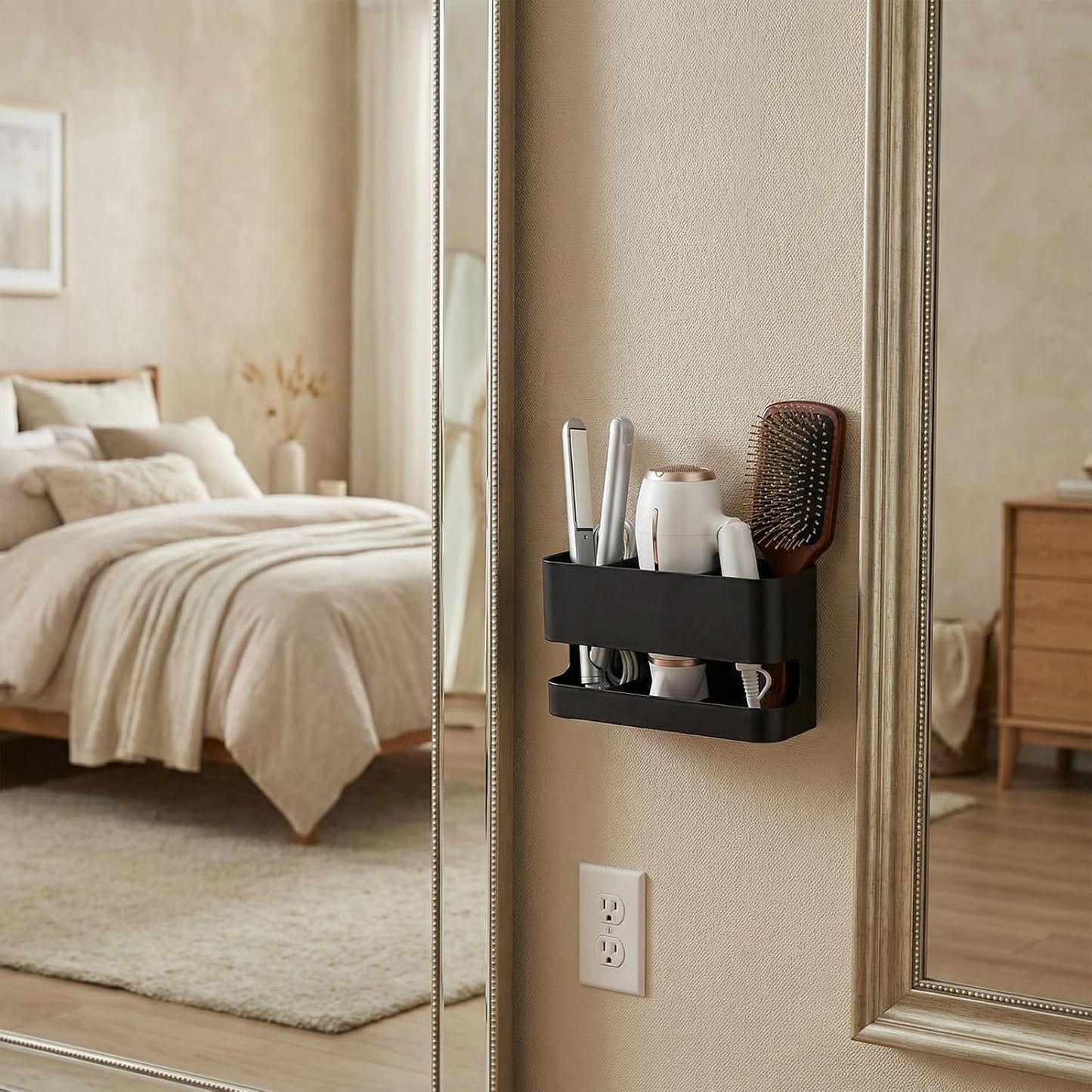 MyGift Wall Mount Salon Hair Tool Organizer with 3 Slots, Black Metal | Wall-mounted black metal storage features 3 slots for curling irons, blow dryers, straighteners, and hair brushes