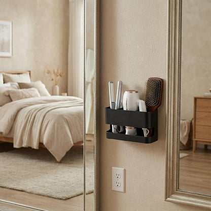 MyGift Wall Mount Salon Hair Tool Organizer with 3 Slots, Black Metal | Wall-mounted black metal storage features 3 slots for curling irons, blow dryers, straighteners, and hair brushes