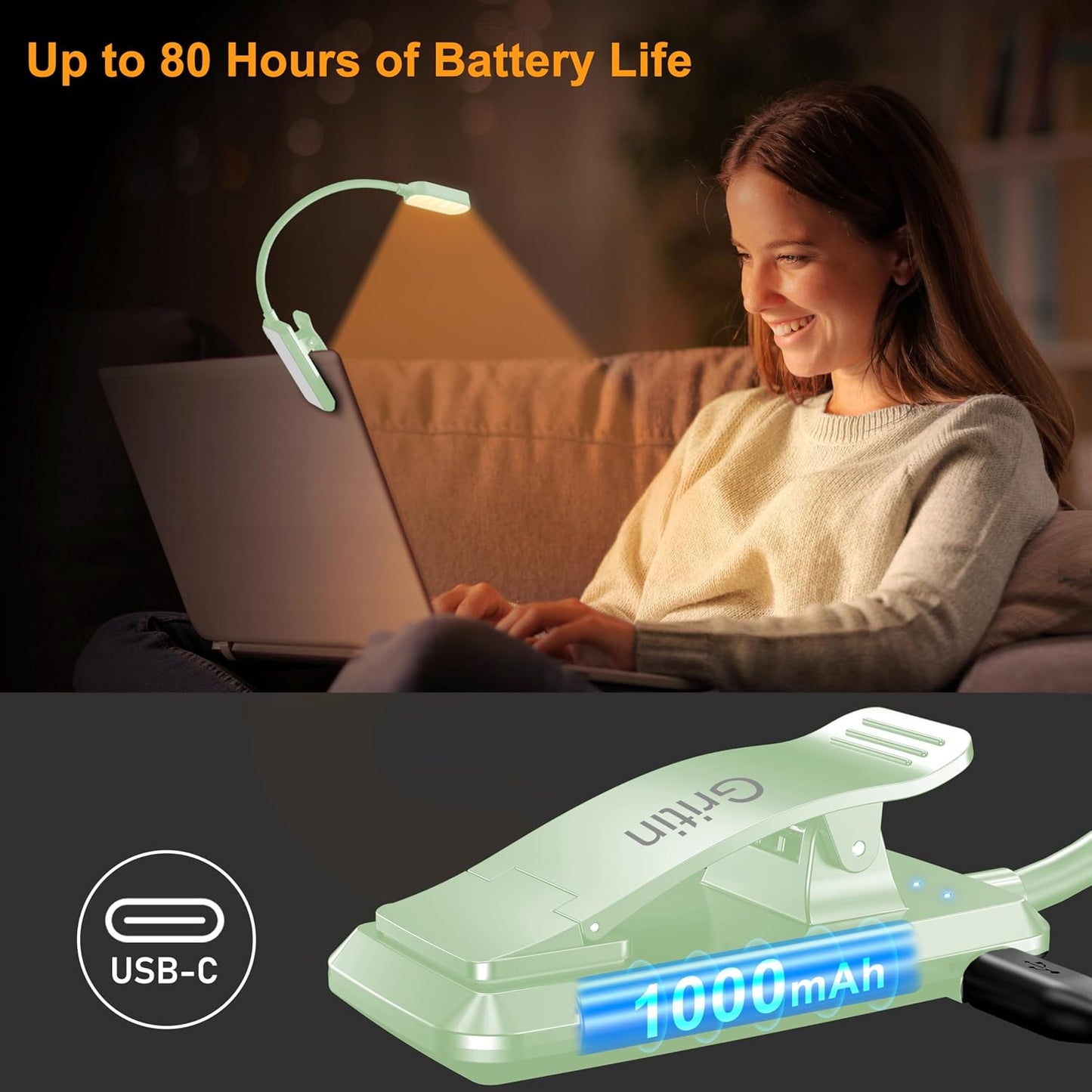 Gritin 16 LED Rechargeable Book Light for Reading in Bed | Eye Caring 3 Color Temperatures,Stepless Dimming Brightness,80 Hrs Runtime,Lightweight Flexible Clip on Light for Book Lovers