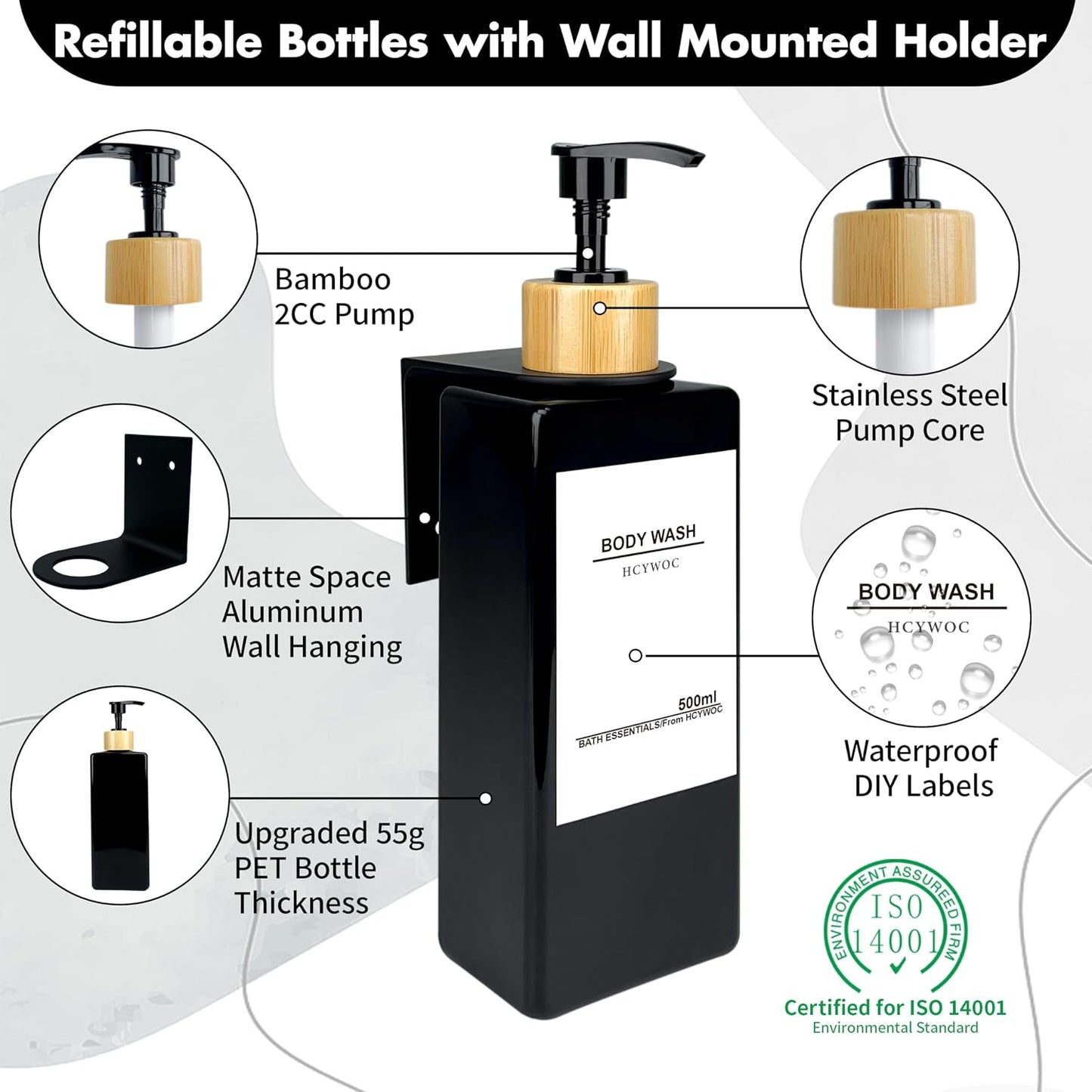 Shampoo Dispenser for Shower Wall, Shampoo and Conditioner Dispenser with 16 Waterproof Labels, No Drill Shower Soap Dispenser Bathroom, Shower Soap Dispenser Wall Mounted 3 Chamber, 17oz,Black | Shampoo Dispenser for Shower Wall, Shower Soap Dispenser
