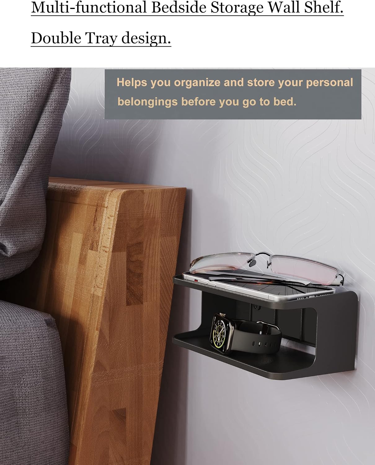 Bedside Wall Shelf Organizer, Small Bedside Shelf, (Black) | Wall Mount for Bed, Stick on Wall Shelf, Double Tray Holder for Storing Cellphone, Glasses, Keys, Camera , Alarm Clock