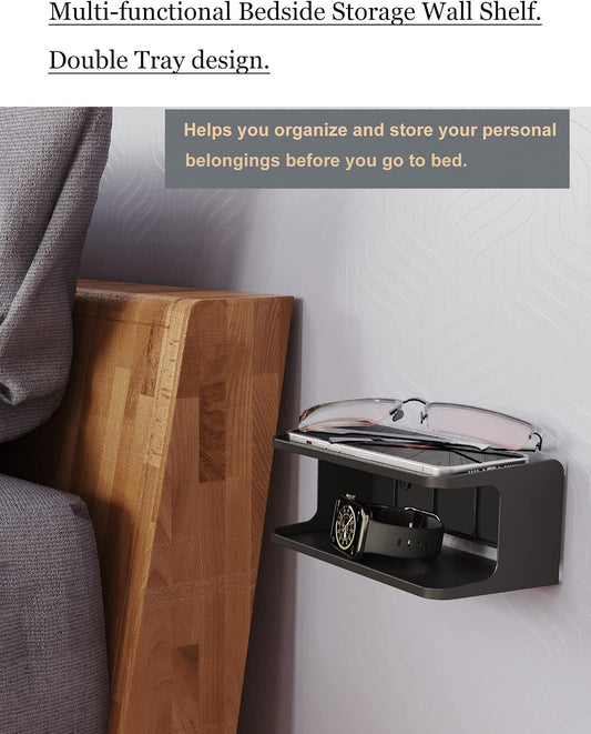 Bedside Wall Shelf Organizer, Small Bedside Shelf, (Black) | Wall Mount for Bed, Stick on Wall Shelf, Double Tray Holder for Storing Cellphone, Glasses, Keys, Camera , Alarm Clock