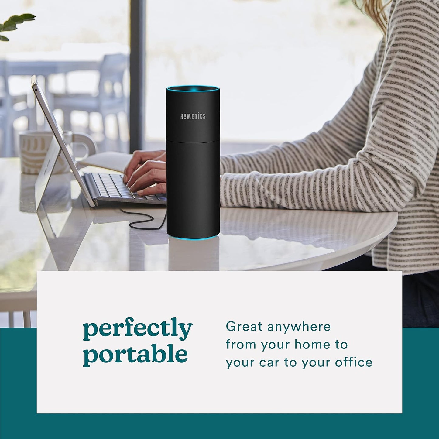Homedics Portable Humidifier - Small Air Humidifiers for Bedroom, Plants, Office, Travel - Cool Mist Humidifiers, Color-Changing Accent Light, 2 Mist Settings, Matte Black