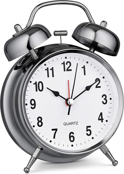 Bernhard Products Analog Alarm Clock 4" Twin Bell Vintage Navy Blue Silent Non-Ticking Quartz Battery Operated Extra Loud with Backlight for Bedside Table Desk, Retro Old Fashioned for Heavy Sleepers