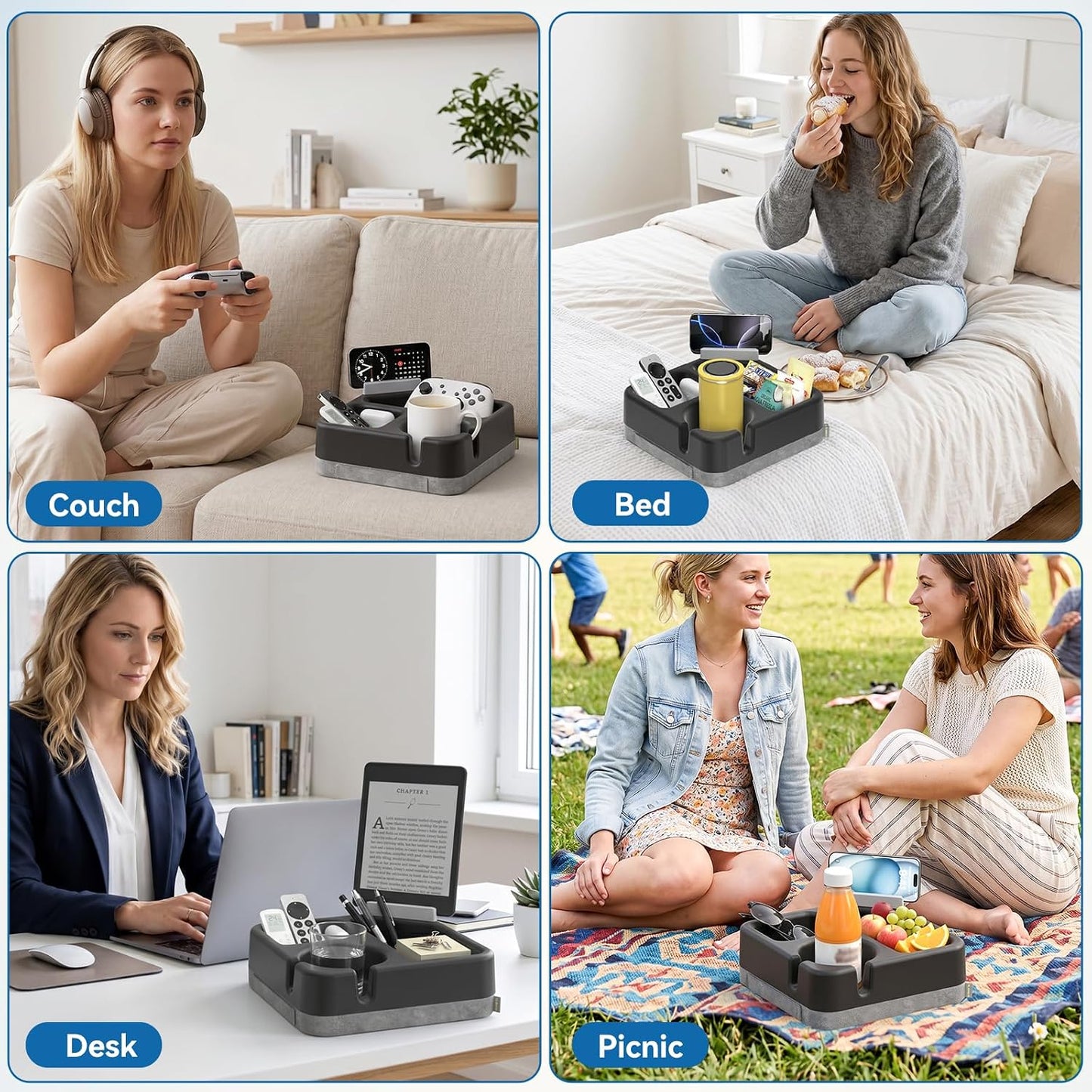 Couch Cup Holder Tray Couch Cup Holder Pillow Soft Sofa Caddy Drink Holder with 3 Compartments &Removable 360°Swivel Phone Stand, Portable Bed Snack Caddy Pillow with Handle for Tablet Controller Grey