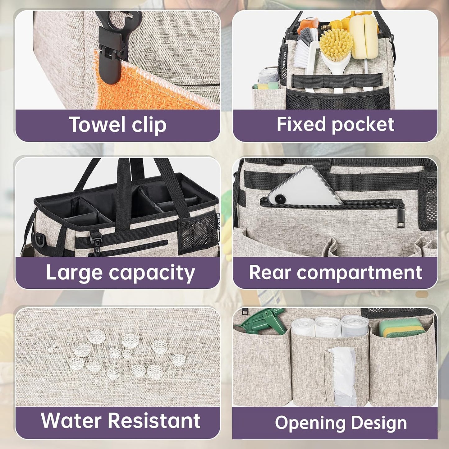IBVIVIC Wearable Cleaning Caddy Bag for Cleaning Supplies, Black | Cleaning Organizer Tote Bag with Handle & Shoulder Straps Kitchen Cleaning Supplies Storage Bag for Cleaners & Housekeepers