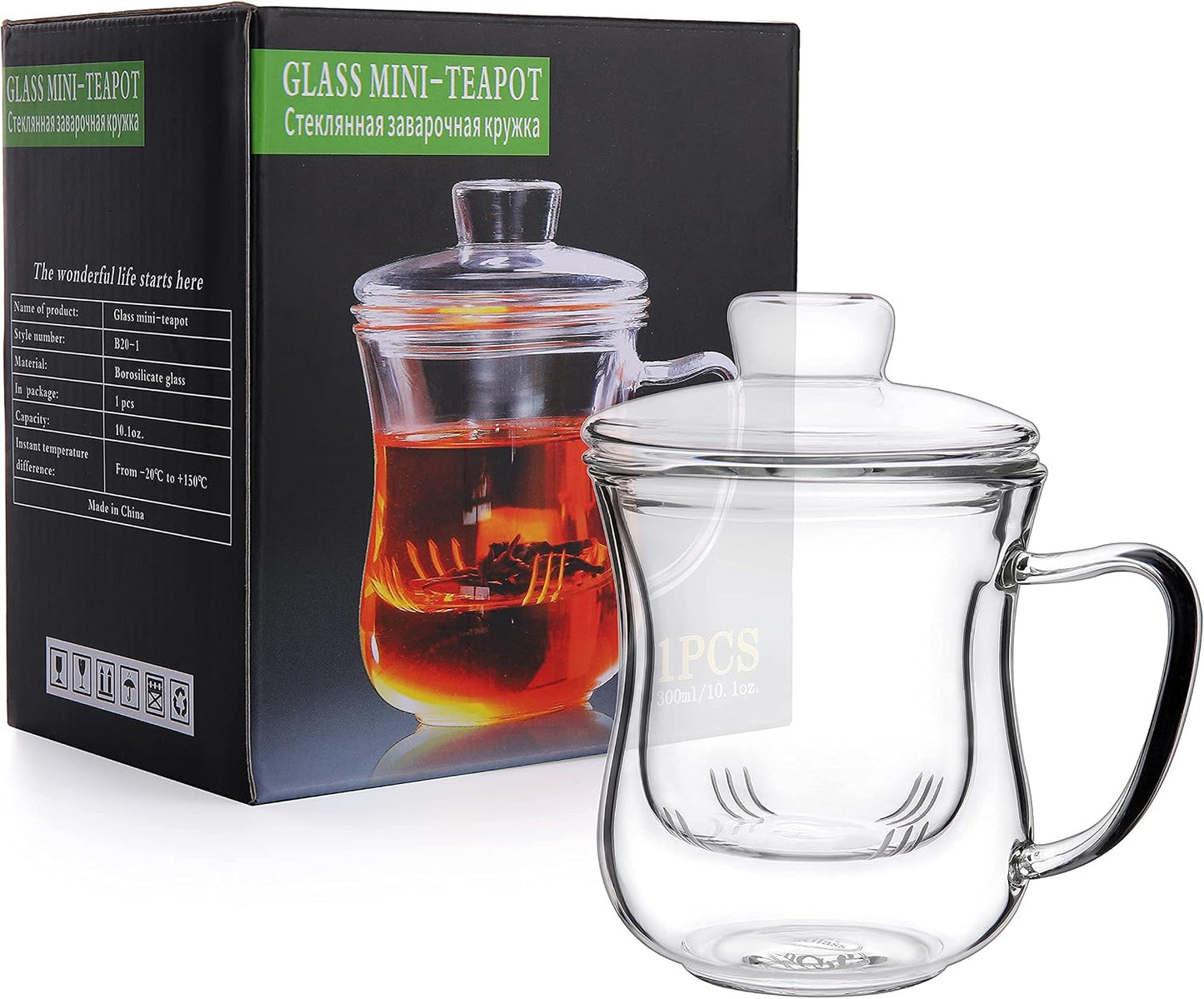 CNGLASS 12oz Double Walled Glass Tea Cup with Stainless Steel Infuser and Lid,Borosilicate Glass Tea Infuser Mug for Loose Tea,Teabag,Set of 1