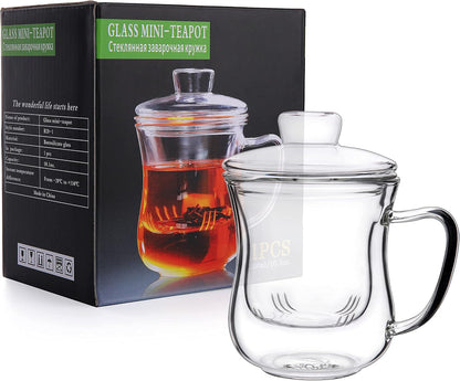 CNGLASS 12oz Double Walled Glass Tea Cup with Stainless Steel Infuser and Lid,Borosilicate Glass Tea Infuser Mug for Loose Tea,Teabag,Set of 1