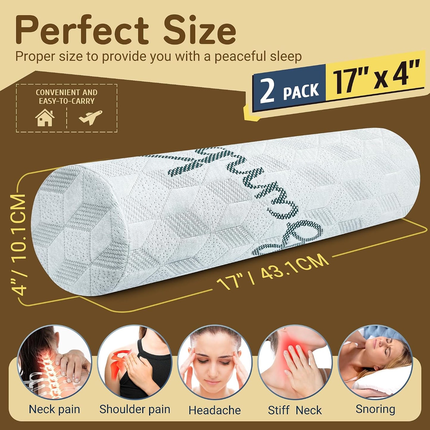 Cervical Roll Pillow, Cylinder Neck Pillow with Removable Washable Cover | 2 Pack Round Bolster Pillow for Neck, Back, Leg, and Knee Support, 5" x 17"