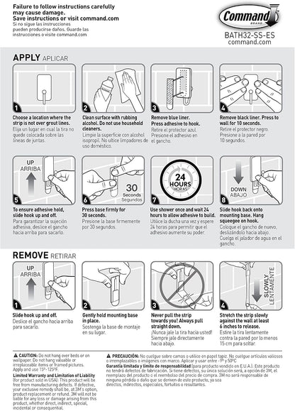 Command Bath Shower Small Water-Resistant Adhesive, Satin Nickel, 1 lb Capacity, 1 Squeegee, 1 Hook, 2 Strips, BATH32-SS-ES Caddy