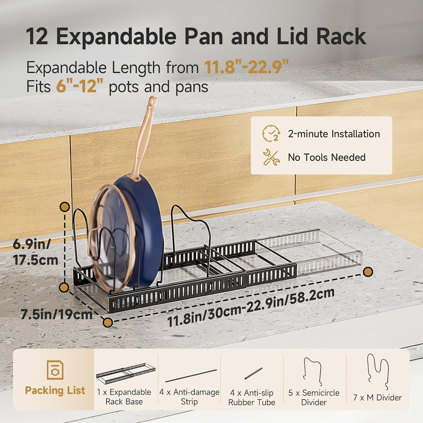 MUDEELA Pot Lid Organizer for Cabinet, Adjustable Baking Pan Rack 7 Slots | 7 Adjustable Divider, Tool-Free Assembly,Non-Slip, Scratch-Proof, Sturdy Metal Frame, For Pan Lid Cutting Board Bakeware
