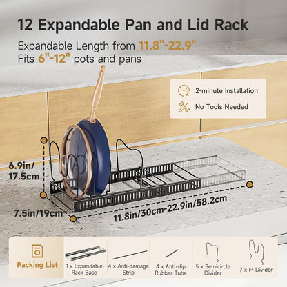 MUDEELA Pot Lid Organizer for Cabinet, Adjustable Baking Pan Rack 7 Slots | 7 Adjustable Divider, Tool-Free Assembly,Non-Slip, Scratch-Proof, Sturdy Metal Frame, For Pan Lid Cutting Board Bakeware