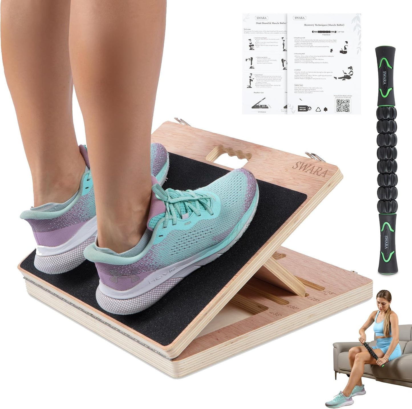 Swara 17″ Wide Wooden Slant Board for Calf Stretching & Squats, Foldable | Adjustable Calf Stretcher with Thicker Base, Foldable Wide Slant Board, Exercise Guide, Free Muscle Roller and 400lb Capacity