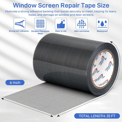 Gray Fiberglass Screen Mesh Patch Tape 2" x 35FT Strong Adhesive Repair Kit | Strong adhesive fiberglass mesh repair kit for screen holes and tears, easy to cut and apply, waterproof indoor outdoor