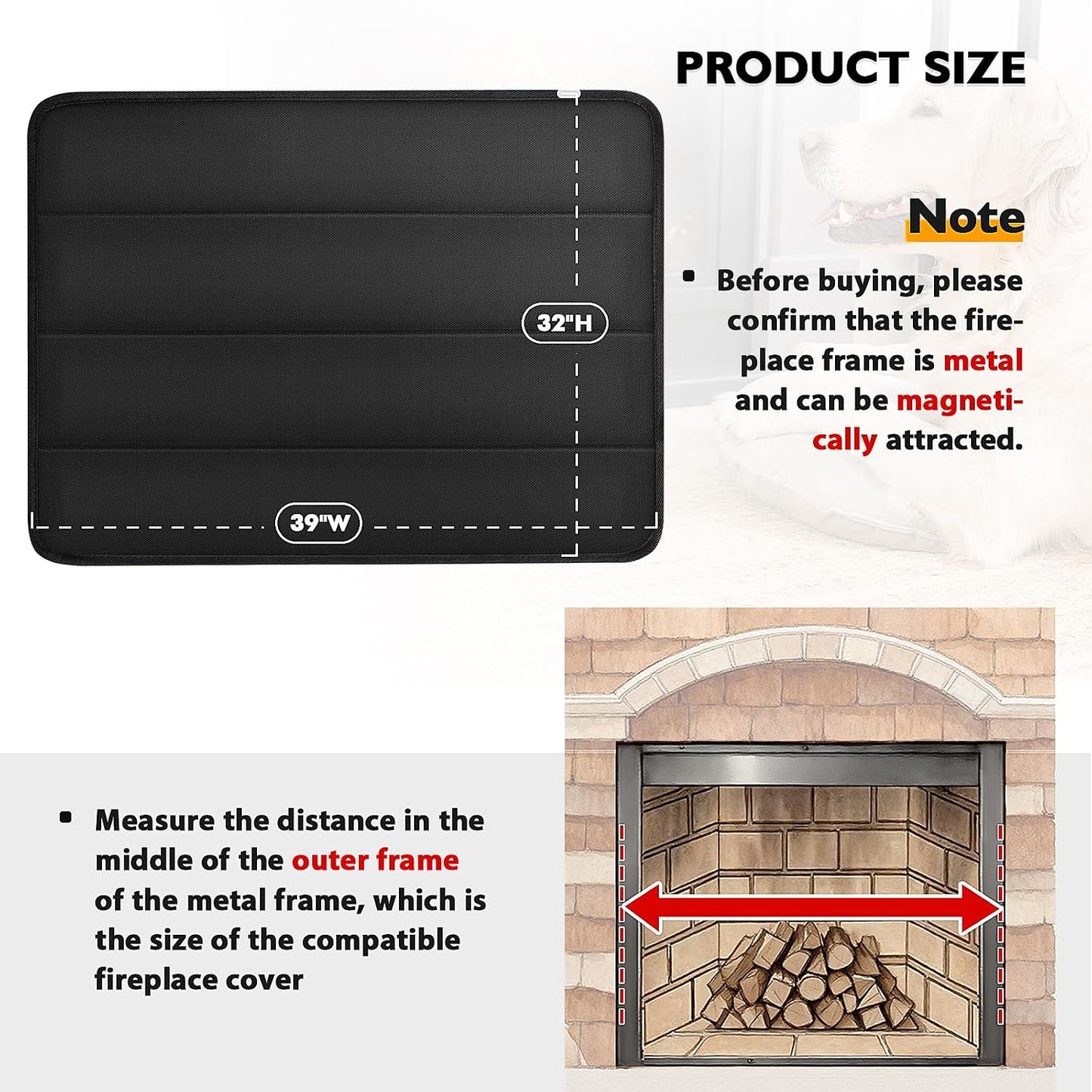 Magnetic Fireplace Cover Indoor to Block Cold Air Reduce Energy Costs, Fireplace Blanket Draft Stopper with Built-in 12 Strong Magnet for Iron Frame 39" W x 32" H, Black