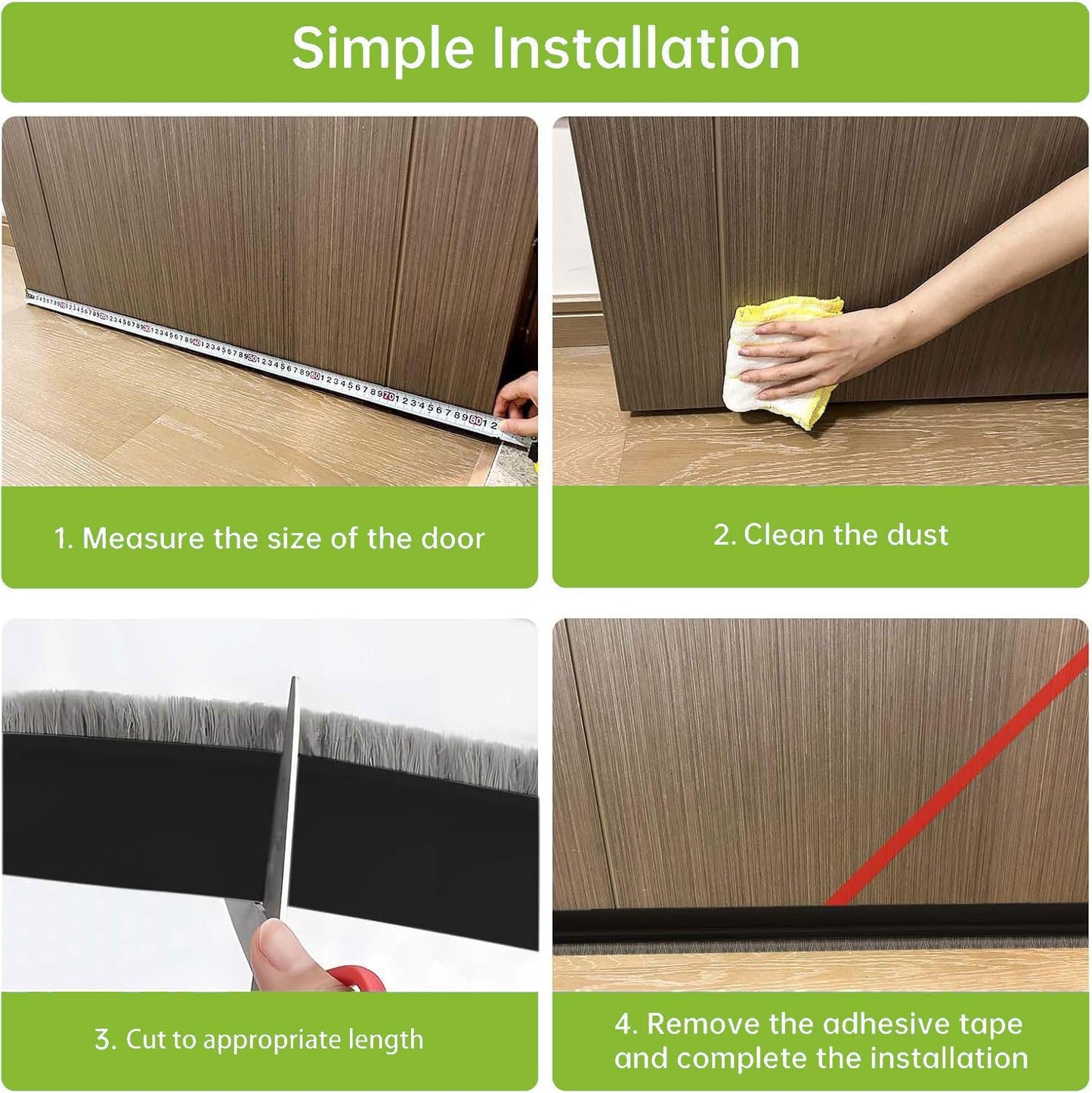 2 PCS Brush Door Sweep, Draft Stoppers Bottom, 2" W x 39" L, Black | No Residue, Strong Adhesive Draft Stopper with Brush for Interior Door, Bottom Seal Strip for Protection Against Bug, Dust