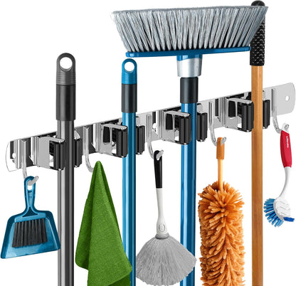 Mop and Broom Holder - Clear Cleaning Clutter and Reclaim Your Space | 5 Racks + 4 Hooks - Rust-Resistant Wall Organizer Holds Cleaning and Garden Tools Securely in Garages and Kitchens