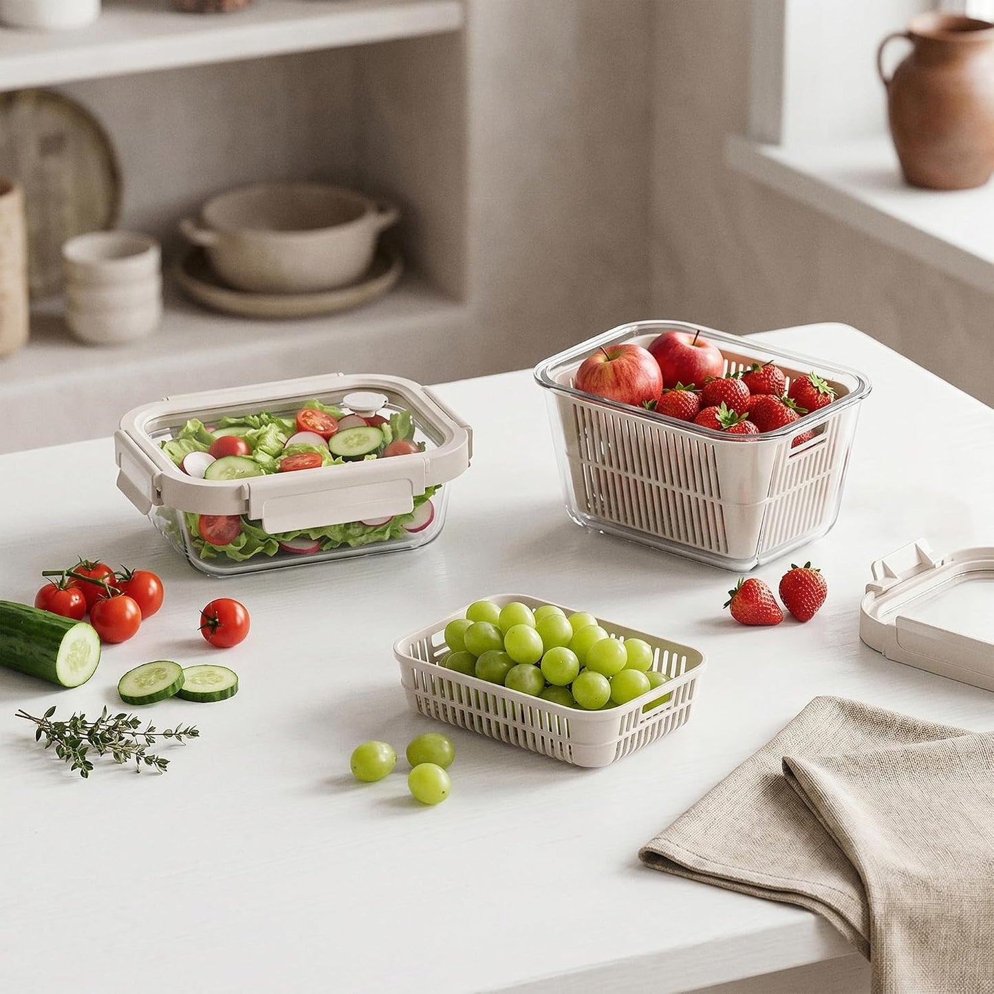 Glass Produce Storage Containers for Fridge, 2-Pack – Airtight Fruit & Vegetable Containers with Removable Colanders, Flexible Silicone Lids,LeakProof, BPA-Free Borosilicate Glass