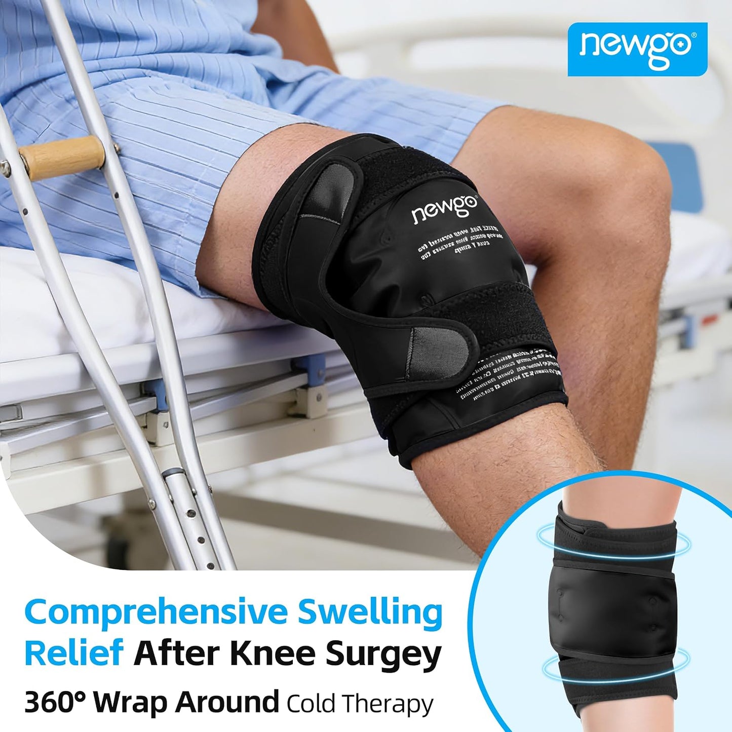 NEWGO Knee Ice Pack Wrap, 360° Full Wrap, Blue | Y-shaped Strap Stays Put, Reusable for Knee Replacement, ACL, Arthritis, Swelling, and Sports Injuries, 21.7" x 9.8"