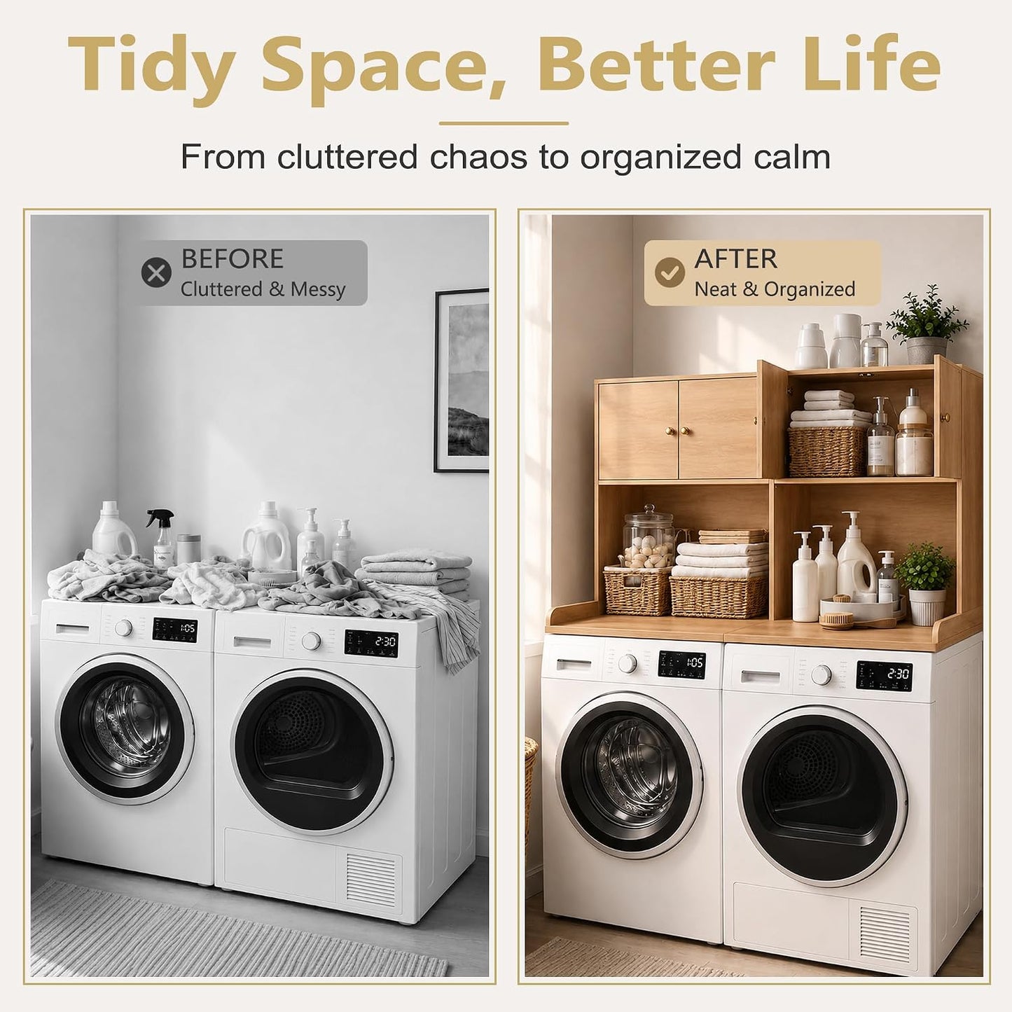 Washer Dryer Countertop with Cabinets, 2-Tier Laundry Countertop with Shelf | Washer and Dryer Topper with Edge, Over Washer and Dryer Shelves for Laundry Room, Universal Fit, 54.5"Wx27.5"Dx32.5"H