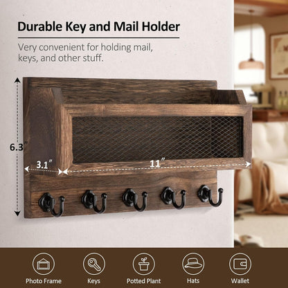 Nekon Mail and Key Holder for Wall Decorative, 11 Inch Mail Holder, Brown | Wooden Wall Key Organizer with 5 Key Hooks, Wall Mount Storage Shelf for Entryway Hallway