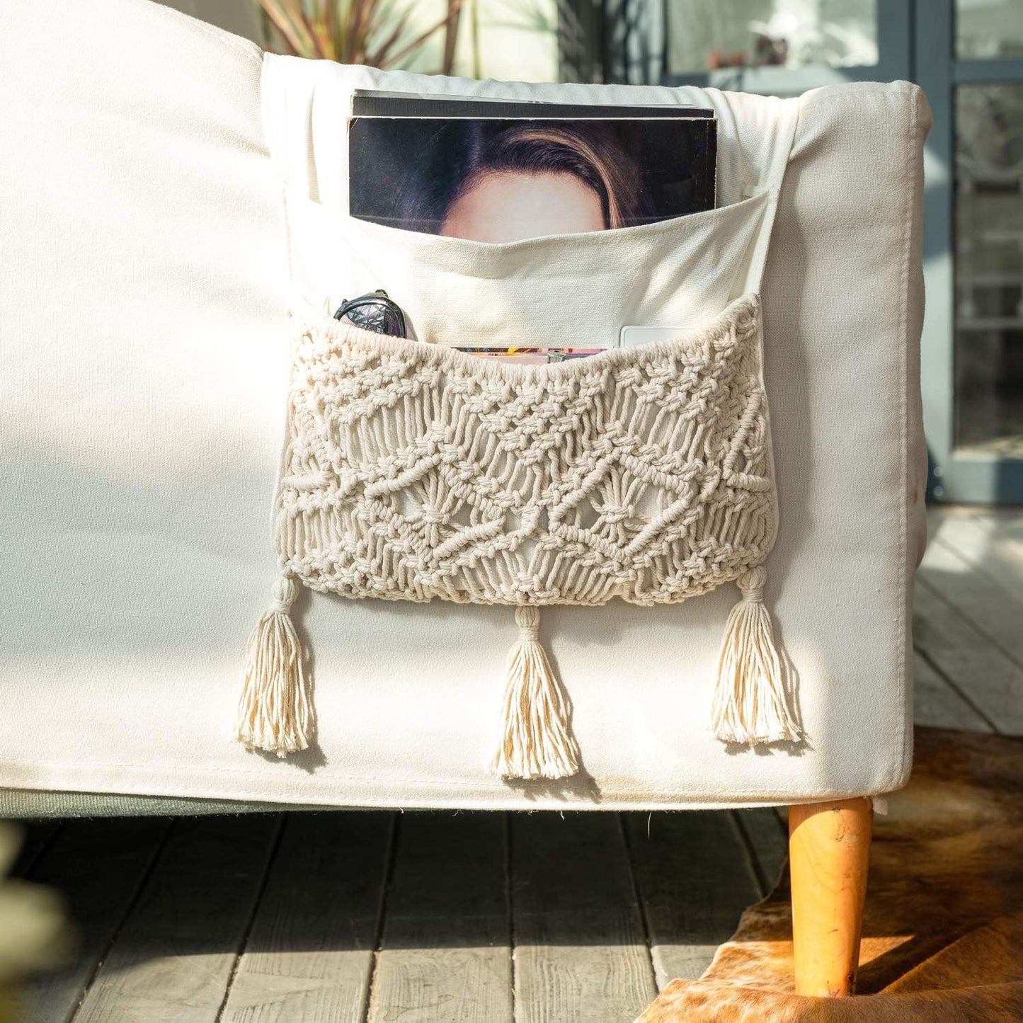 Mkono Macrame Armchair Caddy, Boho Couch Armrest Organizer, 4 Pockets Beige | Large, Sofa Bedside Caddy, Remote Control Magazine Phone Holder, Living Room Bedroom Dorm, Boho Decor, Space-Saving Storage