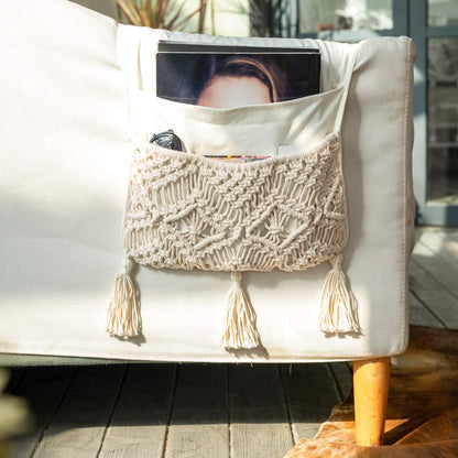 Mkono Macrame Armchair Caddy, Boho Couch Armrest Organizer, 4 Pockets Beige | Large, Sofa Bedside Caddy, Remote Control Magazine Phone Holder, Living Room Bedroom Dorm, Boho Decor, Space-Saving Storage