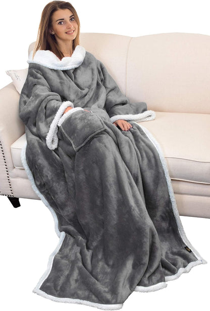 Catalonia Sherpa Wearable Blanket with Sleeves and Pocket for Adults