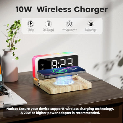 Alarm Clock for Heavy Sleeper,Wireless Charging,Bluetooth Speaker | Dual Alarms for Bedroom,10W Wireless Charging,White Noise Sound Machine, Ideal Gift for Adults,Teens,Kids,Senior (Wood Grain)