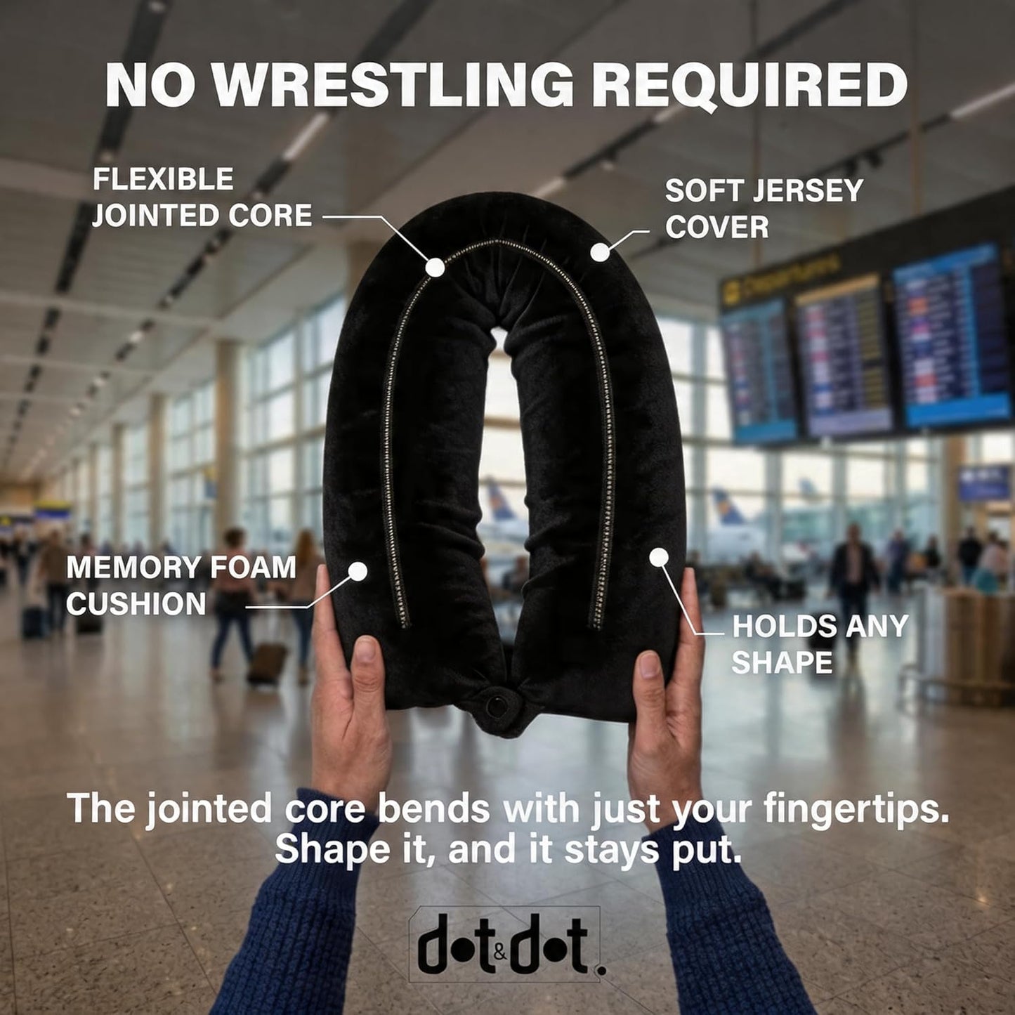 Dot&Dot Twist Memory Foam Travel Pillow, Bendable Neck Pillow for Airplane, Car and Home, 26-Inch Adjustable Roll with Washable Cotton Cover, Gray