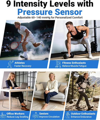 Leg Massager with Heat and Compression for Circulation Pain Relief | Sequential Air Compression Boots with Heated Knee, 9 Intensity , 6 Modes, 3 Heat, Foot Calf Thigh Massage, Pressure Sensor