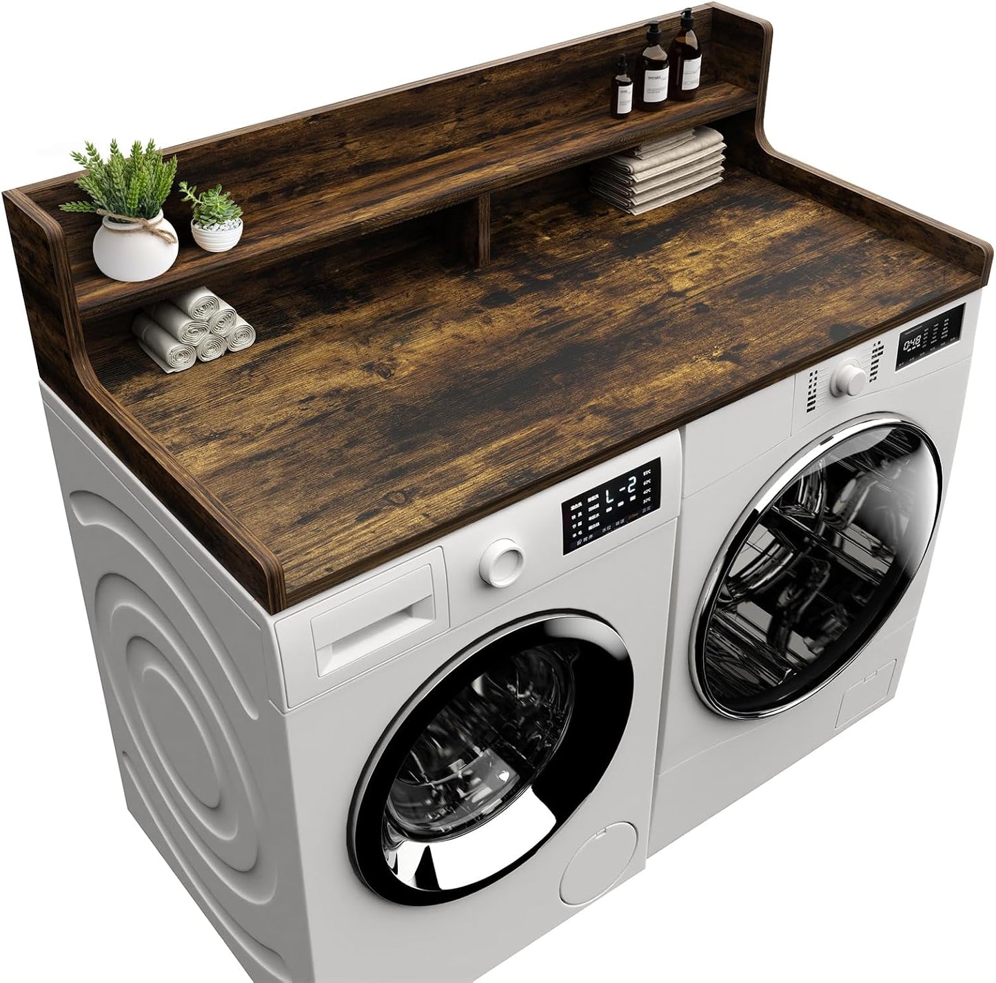 Washer Dryer Countertop, 54" x 27.55" 2-Tier Washer Dryer Topper with Edge, for Laundry Room Organization Oak