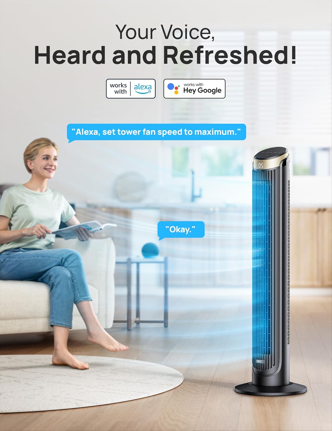 DREO Smart 42'' Tower Fan for Bedroom, 12 Speeds, 20dB Quiet Standing Fan