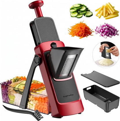 SupMaKin Safe Mandoline Slicer for Kitchen,Adjustable Potato Slicer 1-8 mm | 4 Modes Slice, Strips,Julienne Dicer,Vegetables Slicer Fry Food Cutter,Stainless Steel Blades, Foldable Dishwasher Safe,Gifts