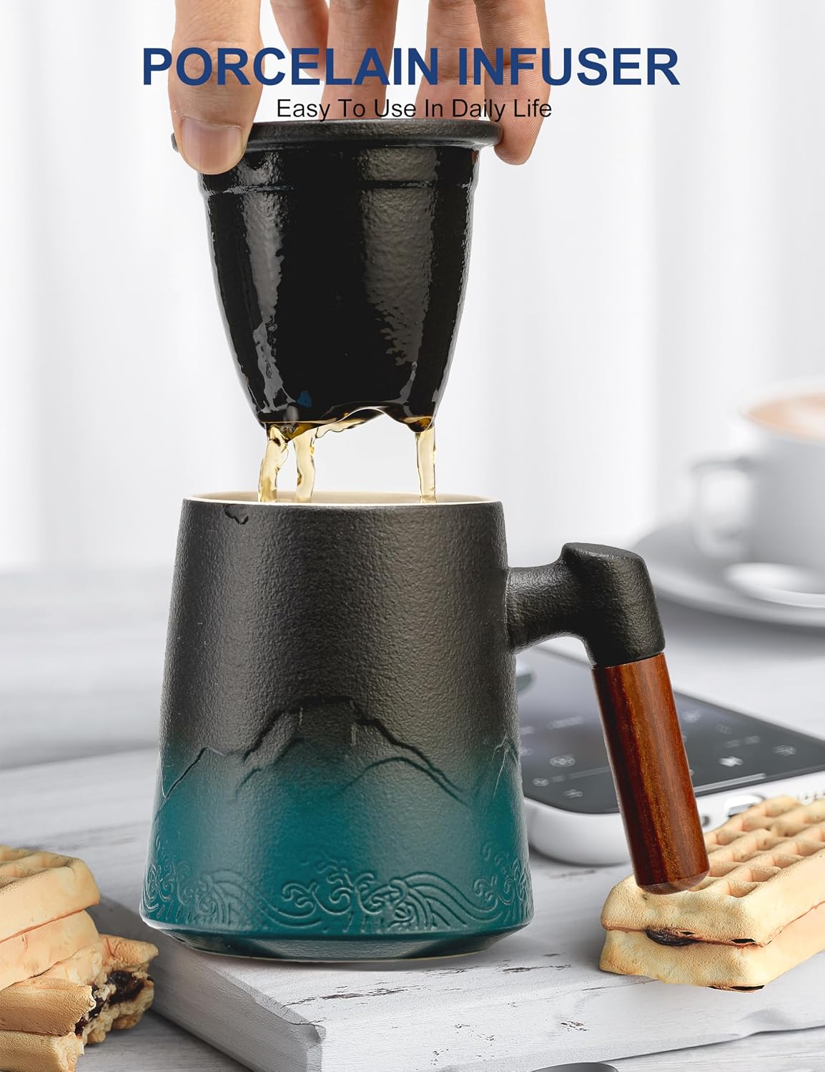suyika Tea Cup with Infuser and Lid, Gradient Black & Blue, 15.2oz /450ml