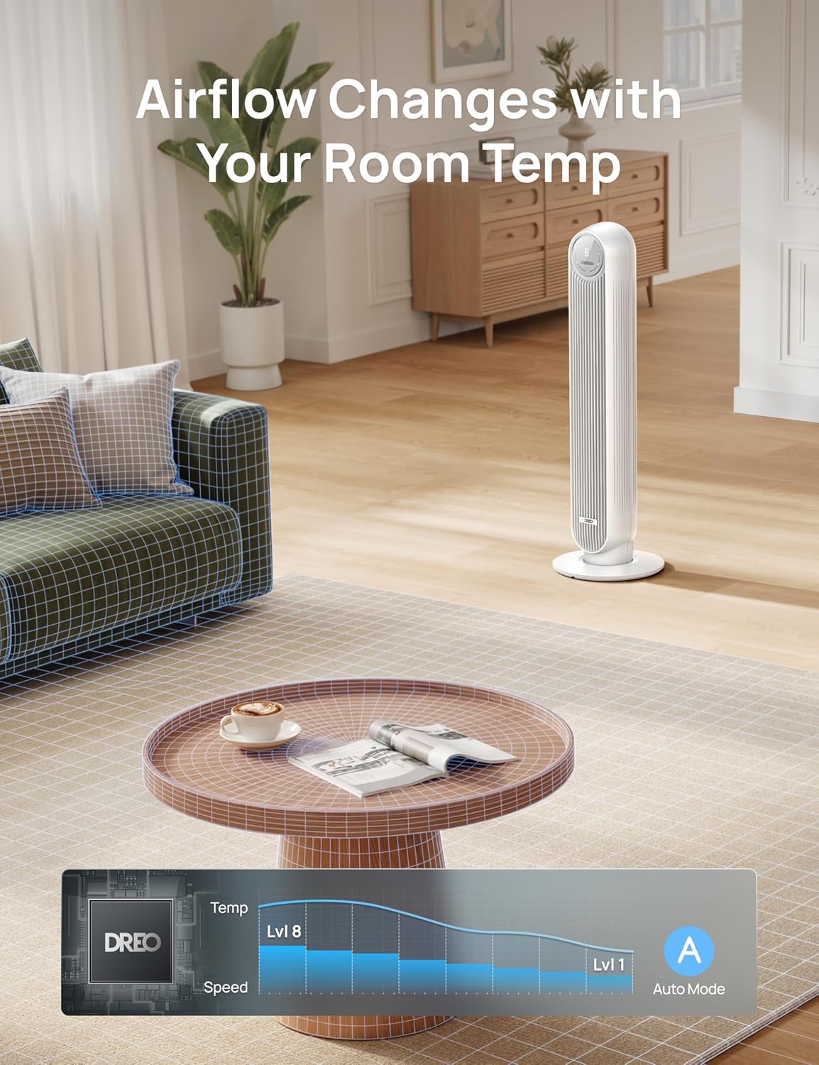 DREO Tower Fan for Bedroom, 26ft/s Velocity, 90° Oscillating, 8H Timer