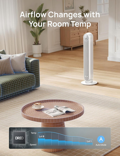 DREO Tower Fan for Bedroom, 26ft/s Velocity, 90° Oscillating, 8H Timer