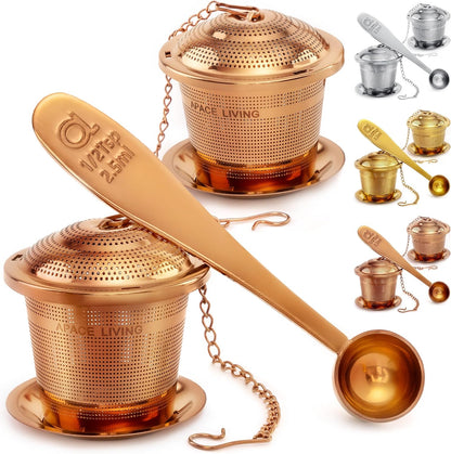 Tea Infuser Set of 2 with Tea Scoop & Drip Trays - 304 Stainless Steel Ultra Fine Mesh Loose Leaf Tea Strainer, Reusable Tea Steeper Basket for Rooibos, Green, Black, Herbal & Oolong Tea, etc