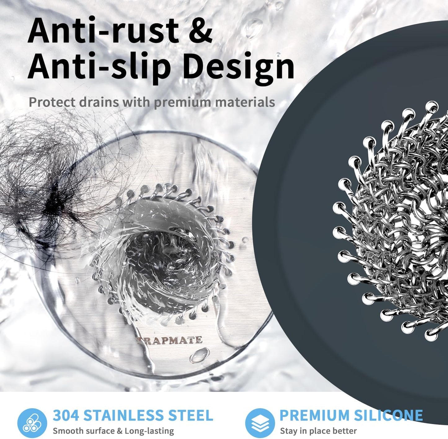 TRAPMATE Shower Drain Hair Catcher, 2.8" Bathtub Stopper Drain Strainer Kit | Easy Clean, Anti-Clogging, Fast Drainage, Anti-Slip, Reversible, No Rust, For Bathtub & Shower Drains, Small Size, Patented