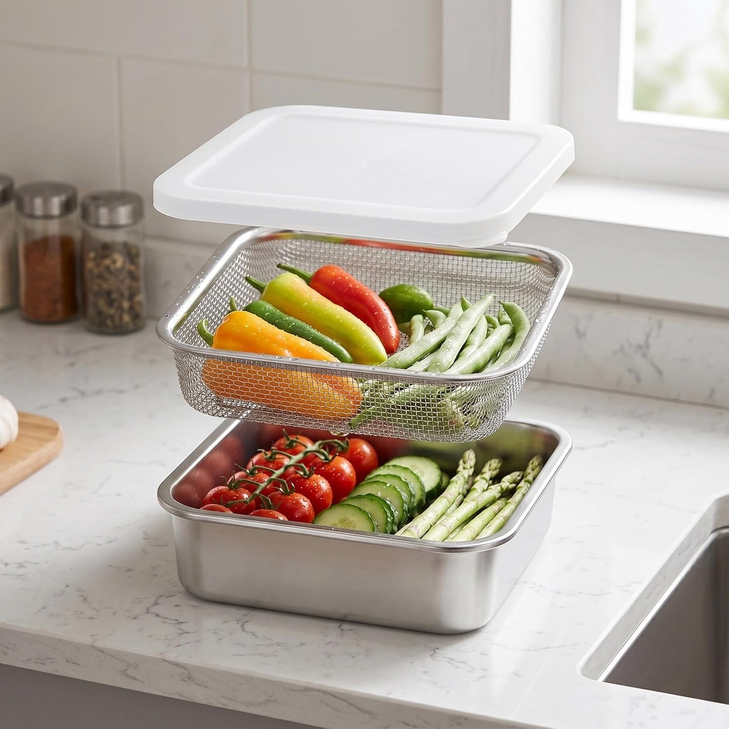 Square Strainer, 3PCS/Set Fruit Storage Containers For Fridge, 304 Stainless Steel Square Strainer With Lid, Lettuce Keeper & Dish, 1500ml, Fruit Storage Containers For Fridge