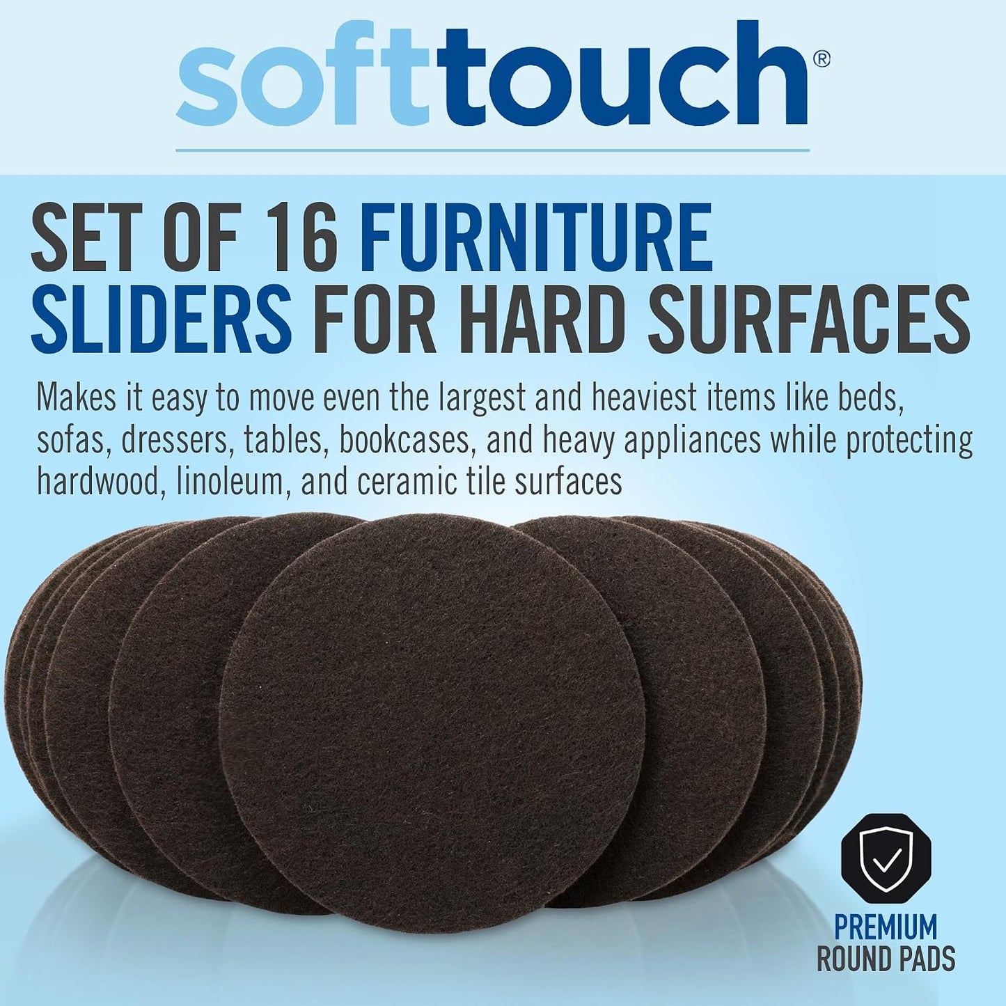 SoftTouch Assorted Size Round Mini Self-Stick Furniture Slider Felt Pads for Hard Surfaces, Noise-Reducing Adhesive Furniture Moving Pads for Beds, Sofas, Dressers, 46-Count, Brown