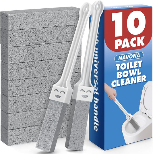 Navona 10 Pack Pumice Stone Toilet Bowl Cleaner with 2 Extra-Long Handles | Scratch-Free, Replaceable Stones Remove Limescale, Rust & Hard Water Rings for Toilets, Bathtubs, Grills, Pools & Sinks