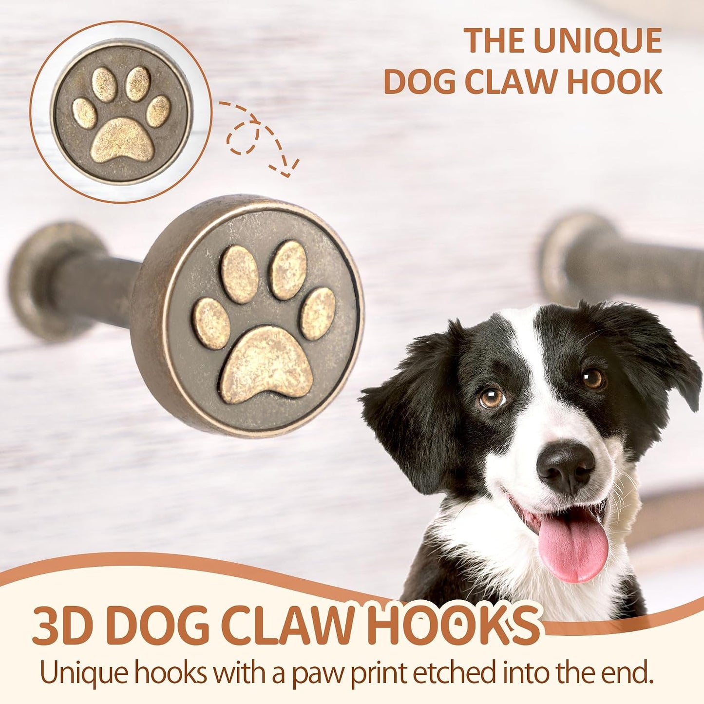 MTERSN Dog Leash Holder Wall Mount with 3D Paws Hooks, Distressed White | Bone-Shaped Dog Leash Holder for Wall, Leash Holder, 5 Dog Leash Hook, Pet Accessories Storage, Gift for Dog Lovers